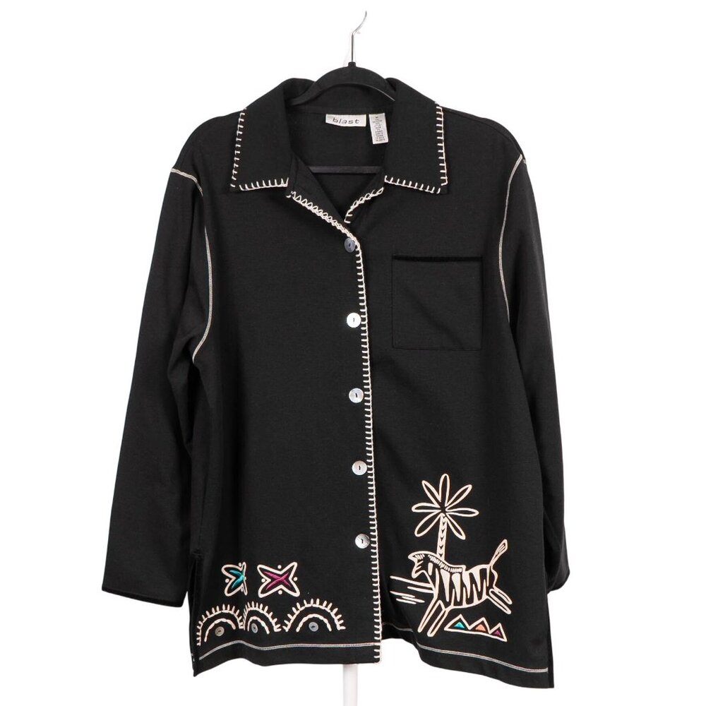 Blast Safari Button Up Shirt M VTG Black White Zebra Stitching Cardigan Cotton